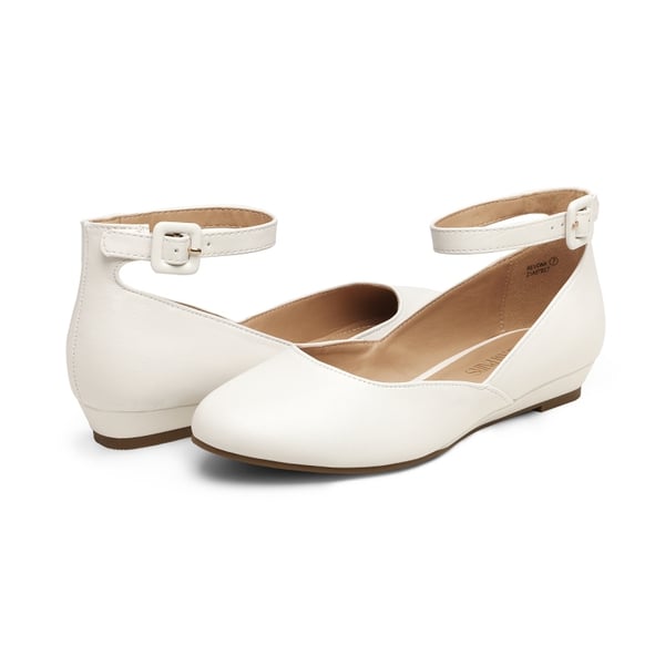 Comfortable Ankle Strap Low Wedge Flats - WHITE PU - 4
